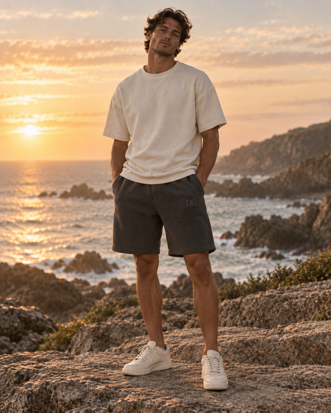 DEVON HALL fleece shorts in charcoal at golden hour