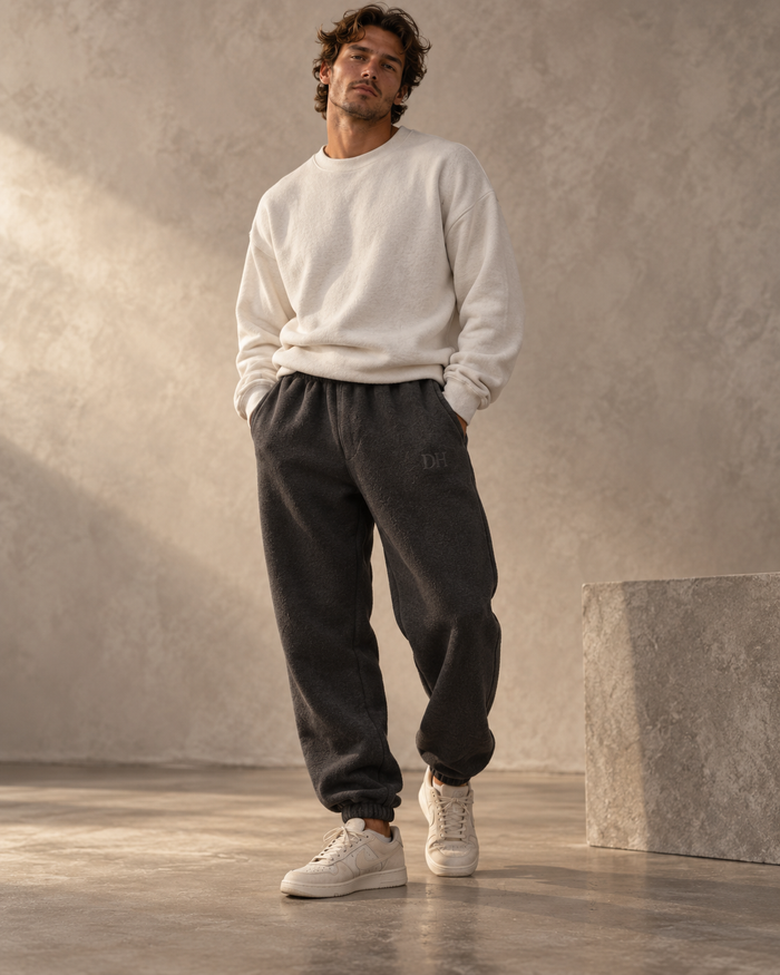 DEVON HALL fleece sweatpants in charcoal, premium loungewear editorial