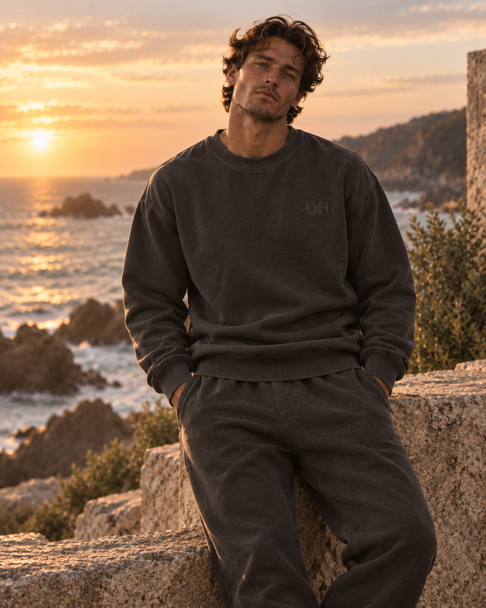 DEVON HALL heavy crewneck sweater in charcoal at golden hour