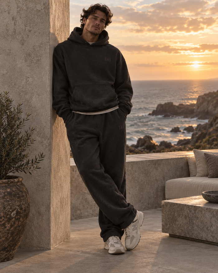 DEVON HALL heavyweight hoodie in charcoal at golden hour