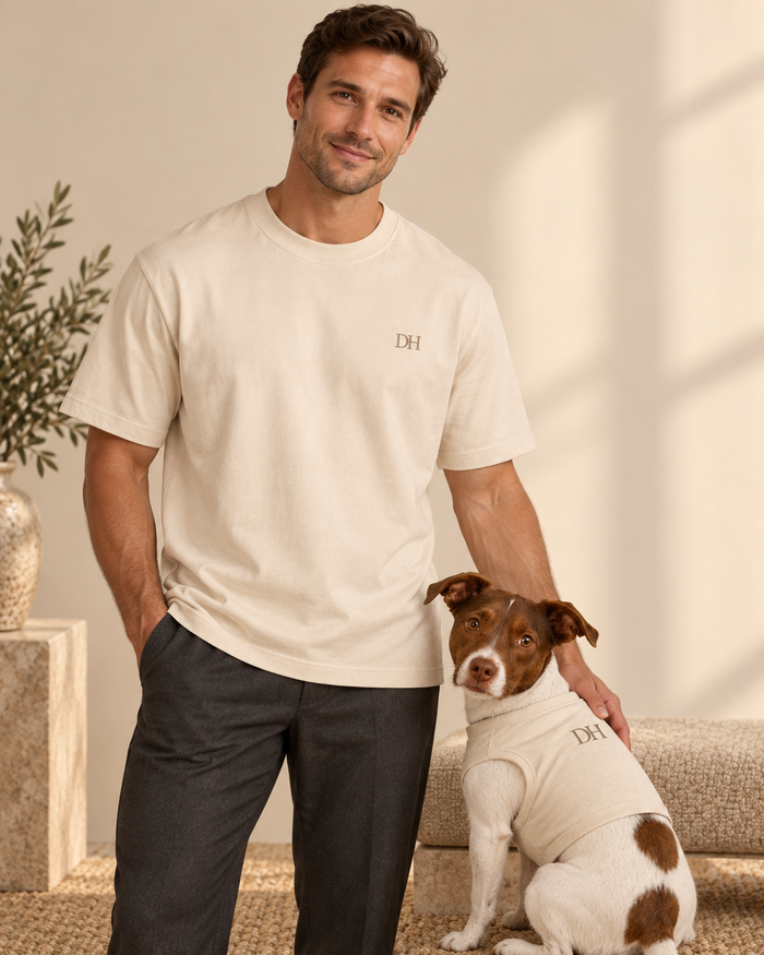 DEVON HALL Men's Heavyweight Tee with matching dog tank — styling mockup 1