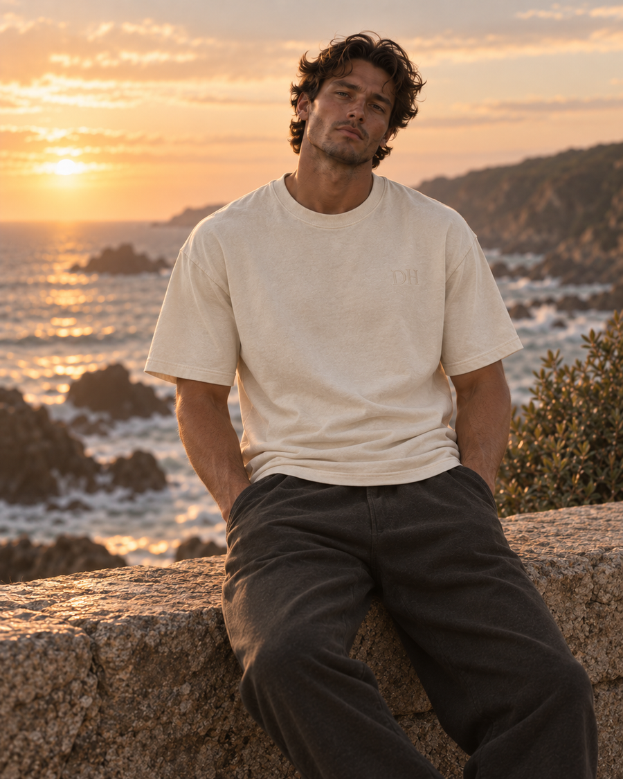 DEVON HALL premium fitted tee in bone at golden hour