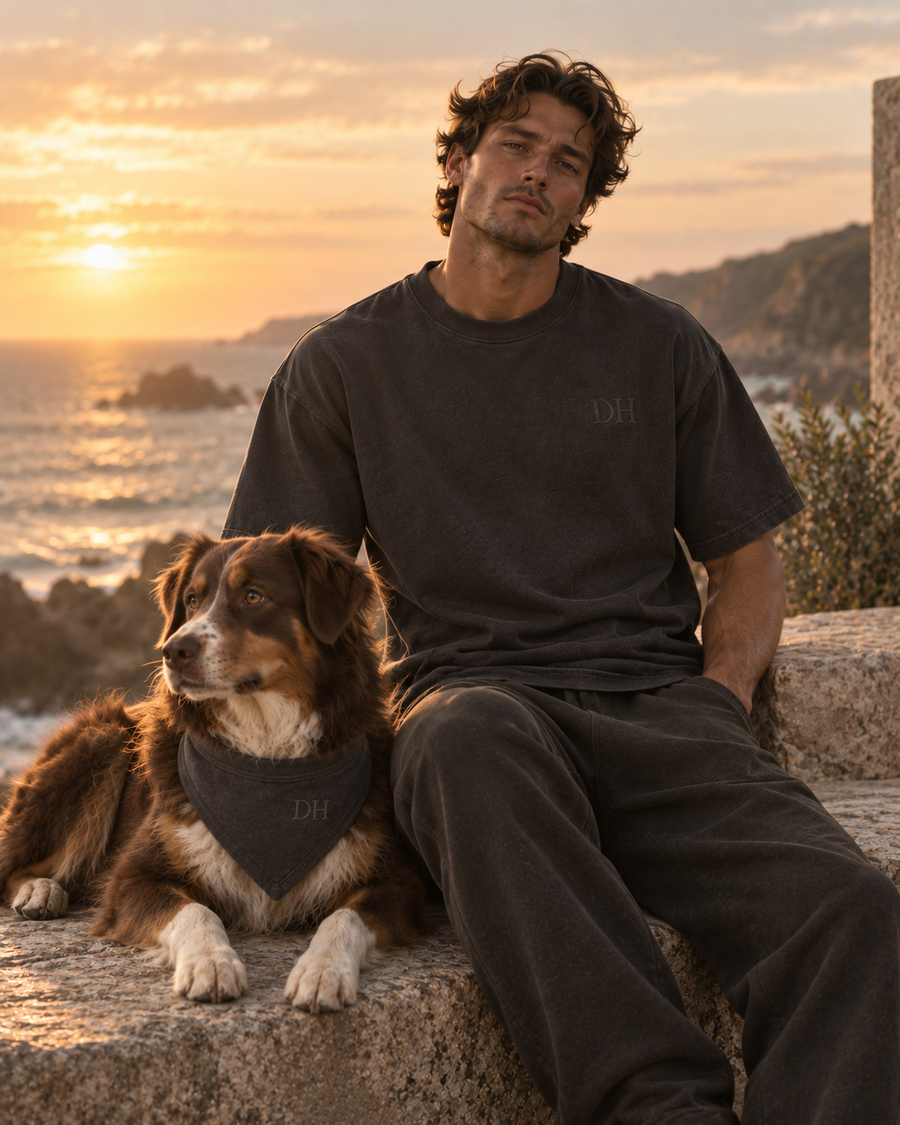 DEVON HALL statement tee in charcoal with dog wearing branded apparel