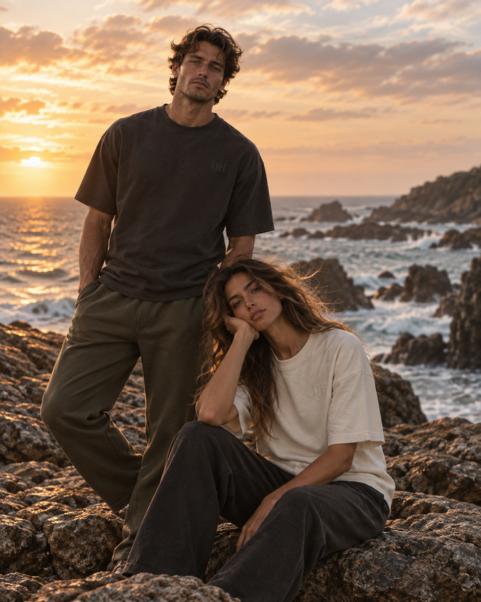 DEVON HALL women's heavyweight tee in bone at golden hour